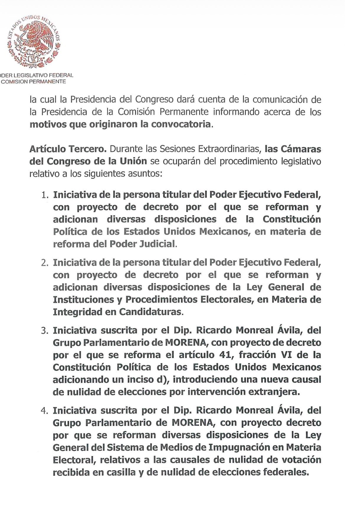Solicitud de periodo extraordinario en Congreso de la Unión