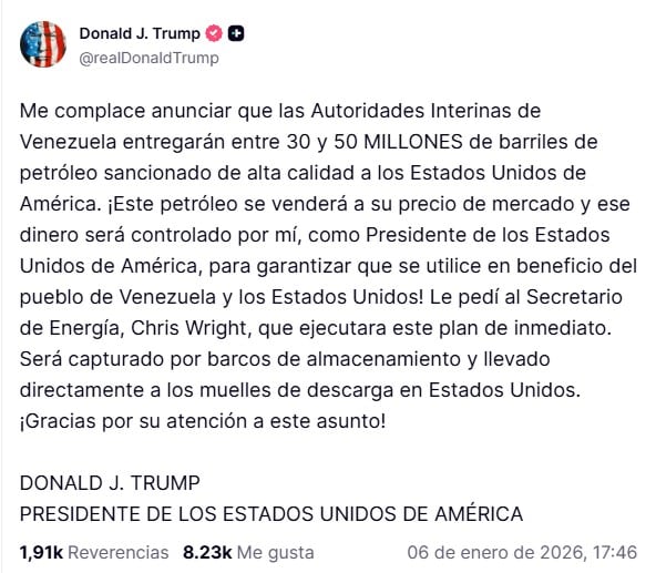 Donald Trump confirma la llegada de barriles de Venezuela a Estados Unidos