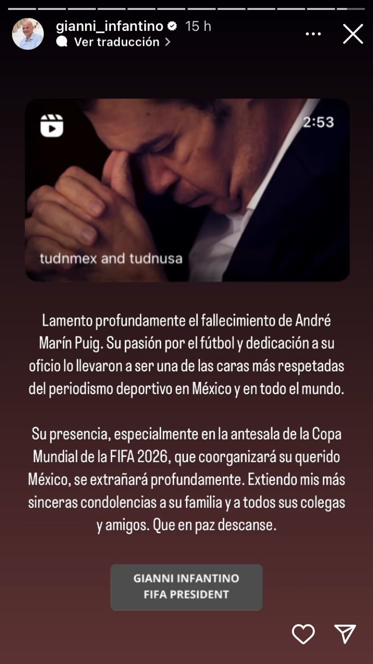 Gianni Infantino lamenta la muerte de André Marín en redes sociales