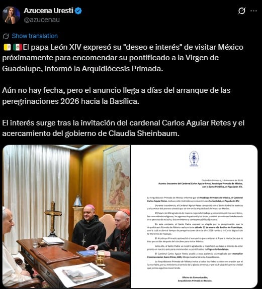 Papa León XIV manifiesta su deseo de viajar a México