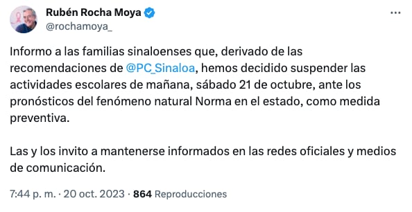 Rubén Rocha anuncia suspensión de clases en Sinaloa por huracán Norma