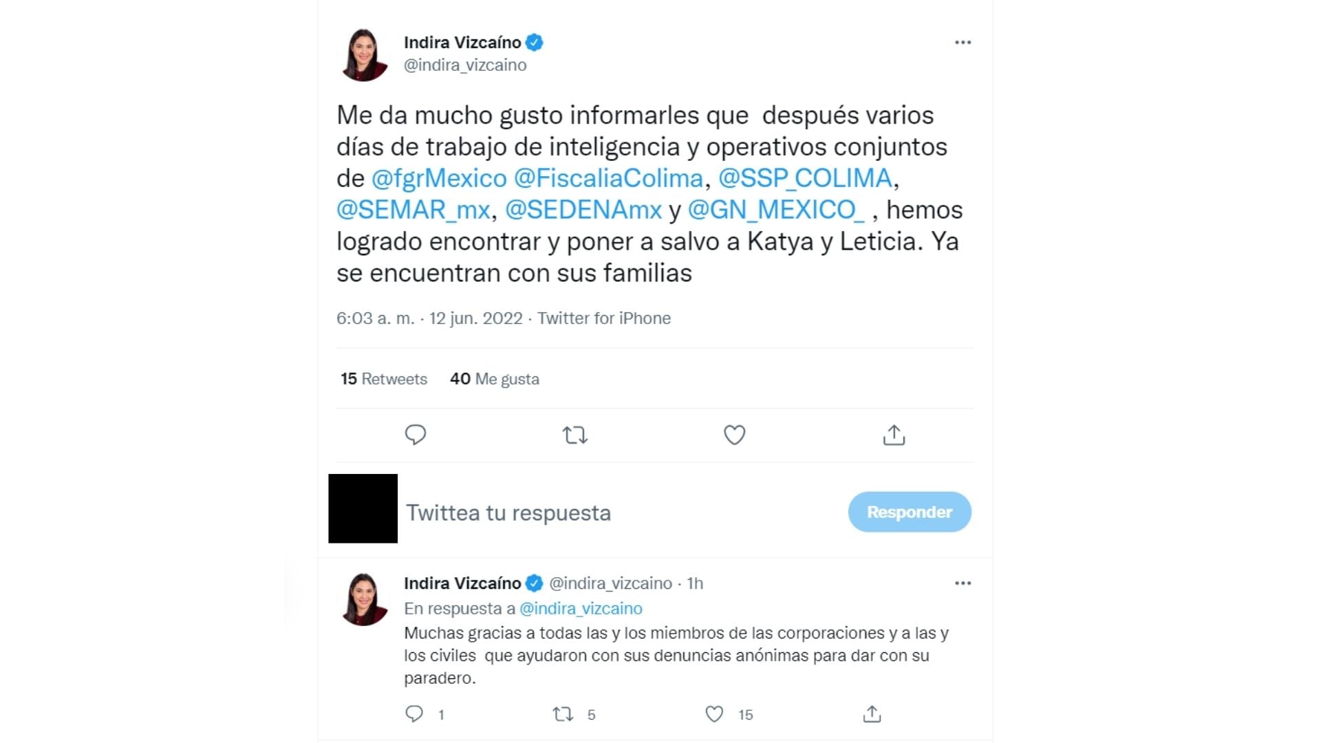 Indira Vizcaíno sobre la localización con vida de Katya y Leticia