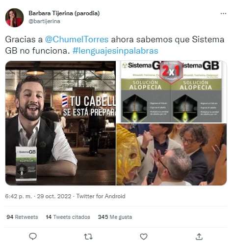 Tuit sobre Chumel Torres promocionando Sistema GB