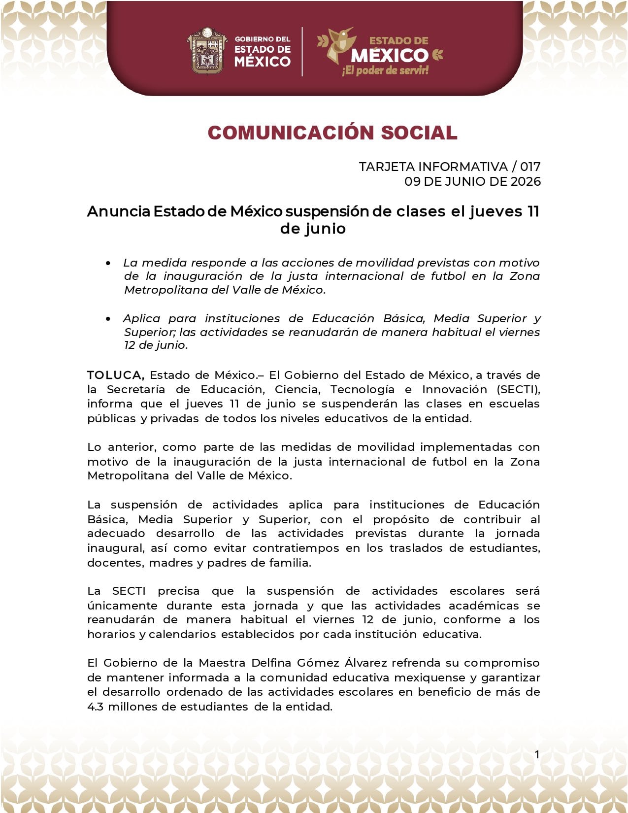 Edomex suspende clases el 11 de junio por inauguración del Mundial 2026