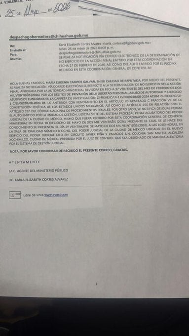 Maru Campos es citada a comparecer el 29 de mayo por denuncia de Javier Corral
