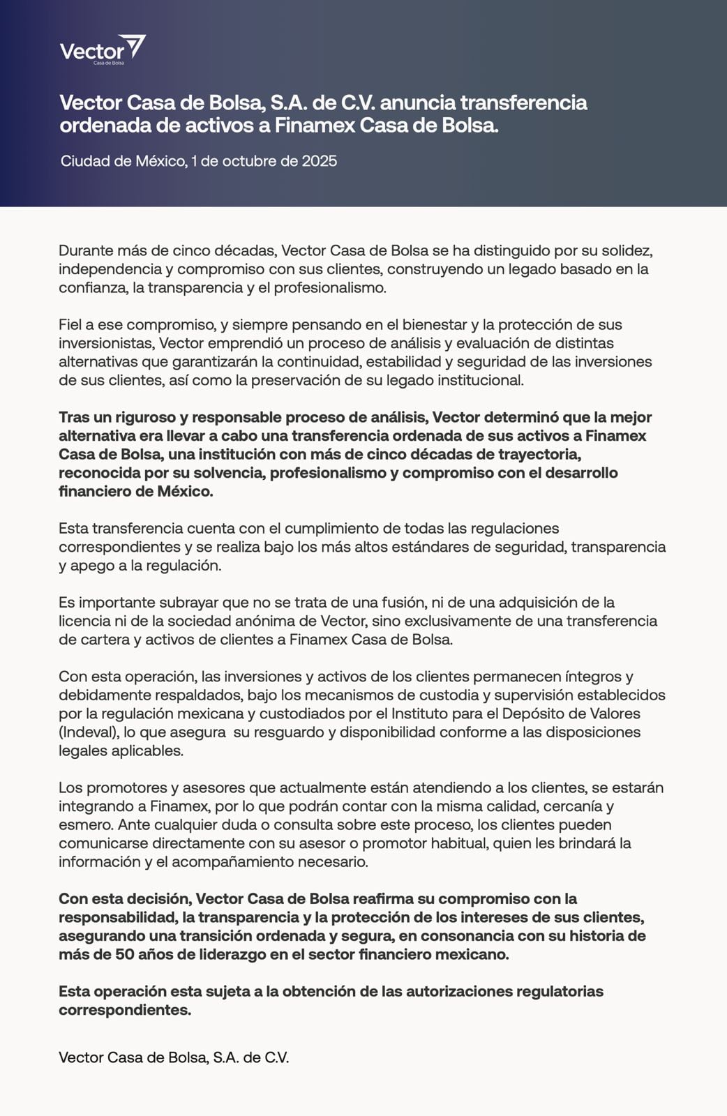Vector Casa de Bolsa transferirá cartera y activos a Finamex