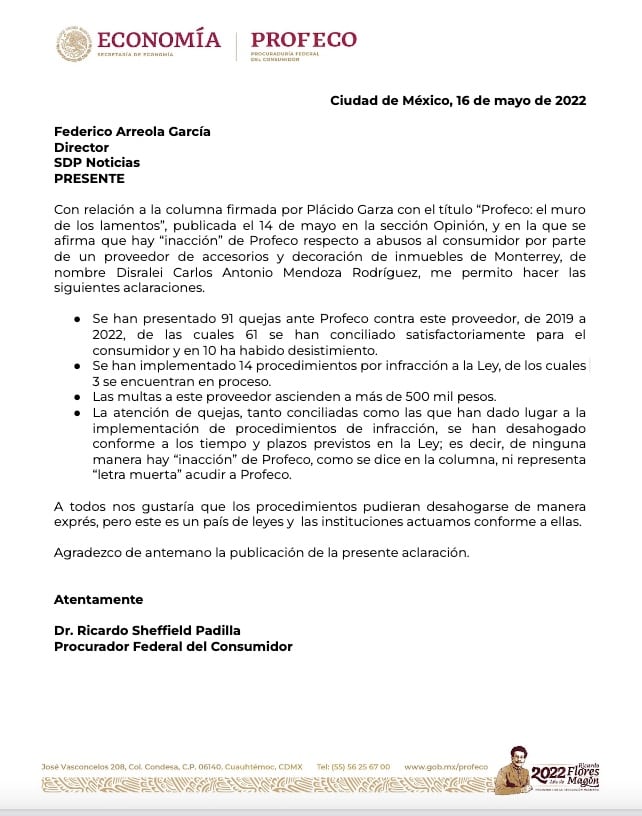 Carta aclaratoria de Profeco