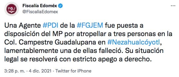 Tuit de la Fiscalía del Estado de México