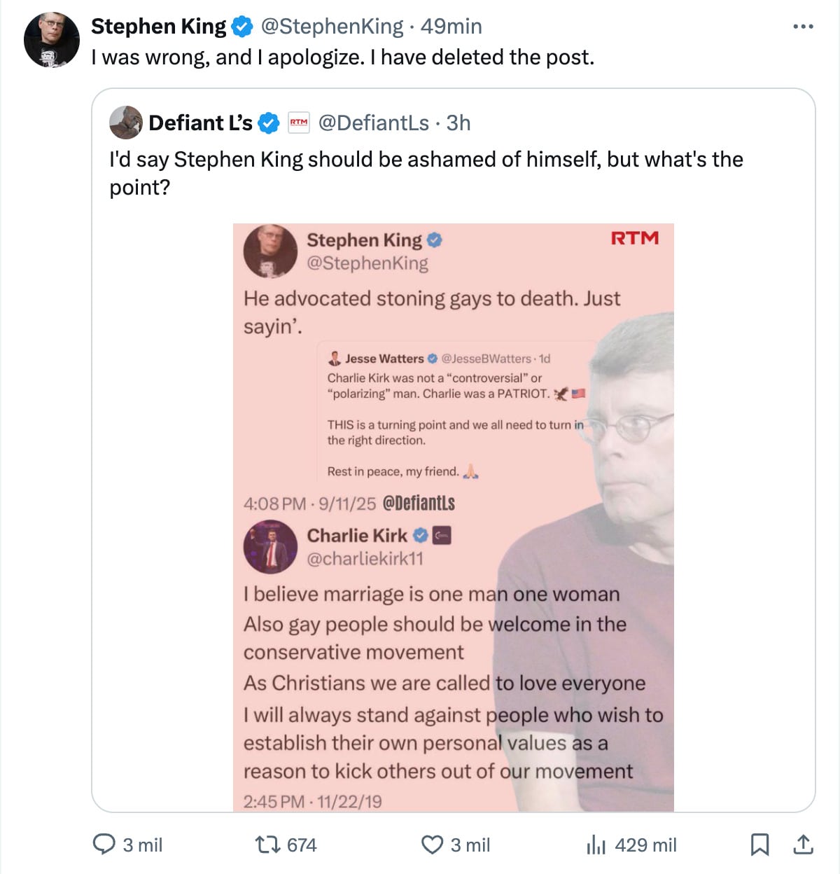Stephen King habla de Charlie Kirk, y Elon Musk lo llama mentiroso