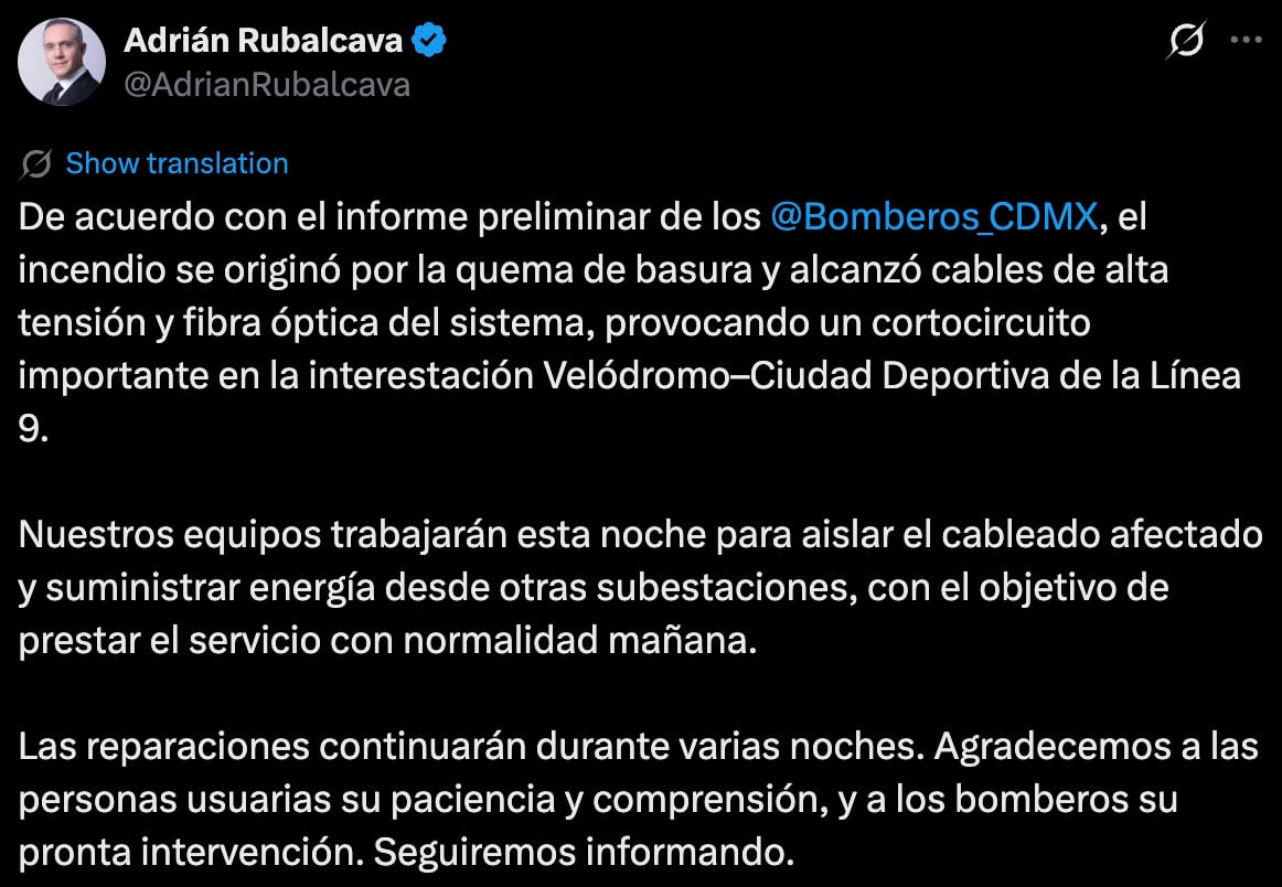 Metro CDMX: aclaran dónde comenzó el incendio que afectó la Línea 9