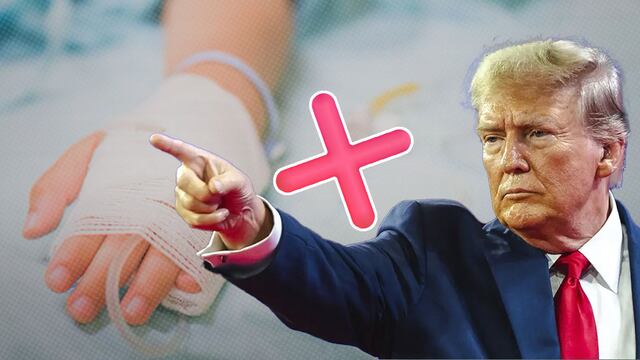 Donald Trump al frente; al fondo, la mano de una niña hospitalizada
