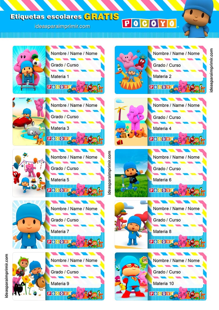 Plantillas de etiquetas escolares de Pocoyó