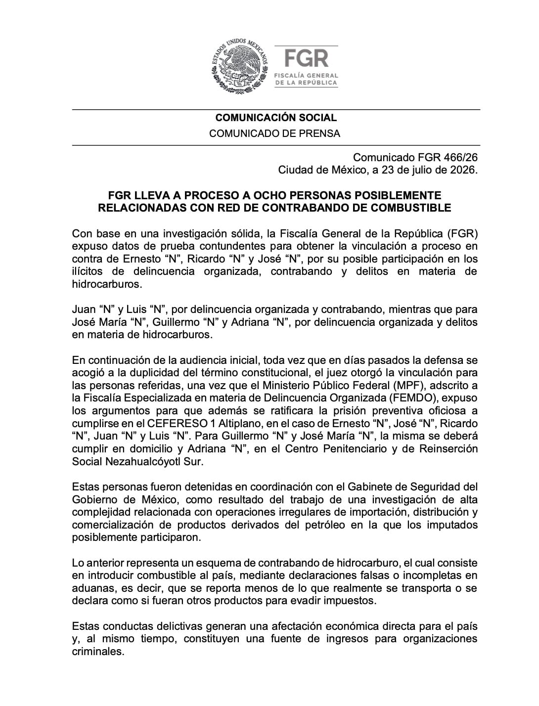 Comunicado oficial de la FGR que vincula a proceso a Ernesto Ruffo Appel