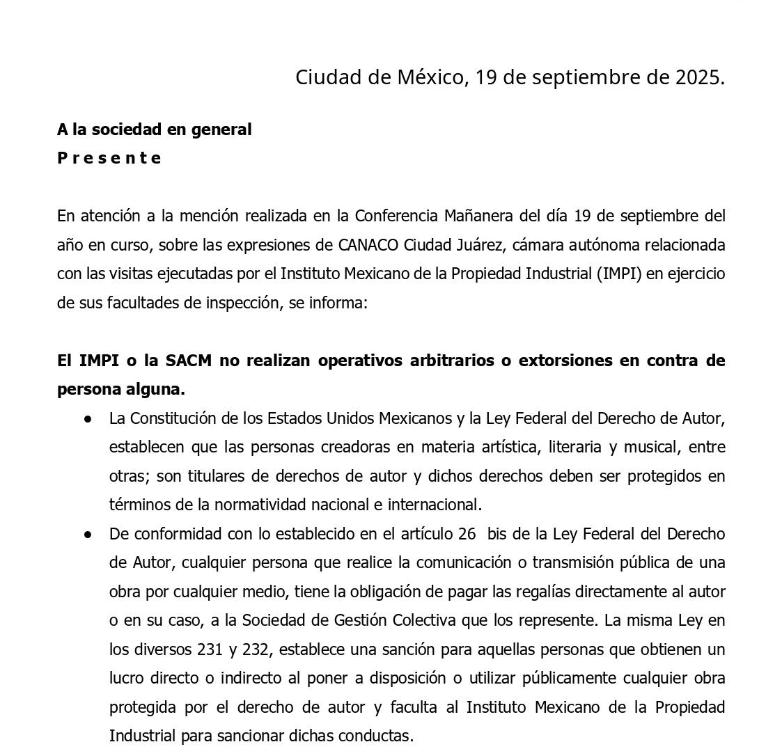 SACM e IMPI advierten pago de regalías