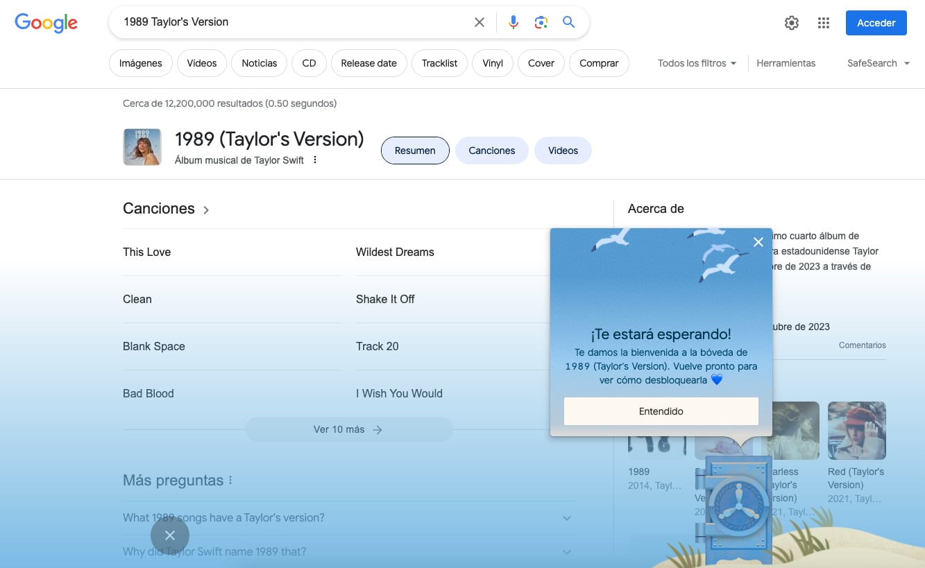 Taylor Swift lanza un Vault en Google Chrome México de 1989 (Taylor's Version)