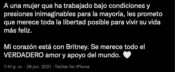 Texto de Christina Aguilera apoyando la libertad de Britney Spears.