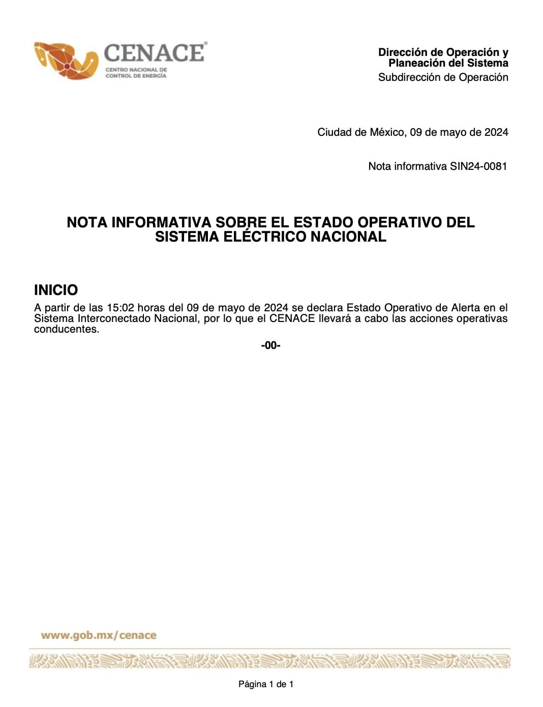 Cenace estado de operativo de alerta hoy 9 de mayo
