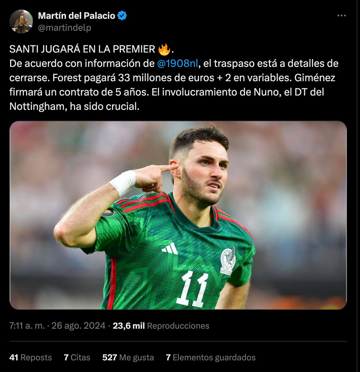 Oferta del Nottingham por Santiago Giménez.