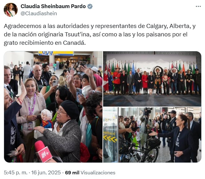 Claudia Sheinbaum en la cumbre del G7 2025 hoy 16 de junio: presidenta agradeció recibimiento en Canadá
