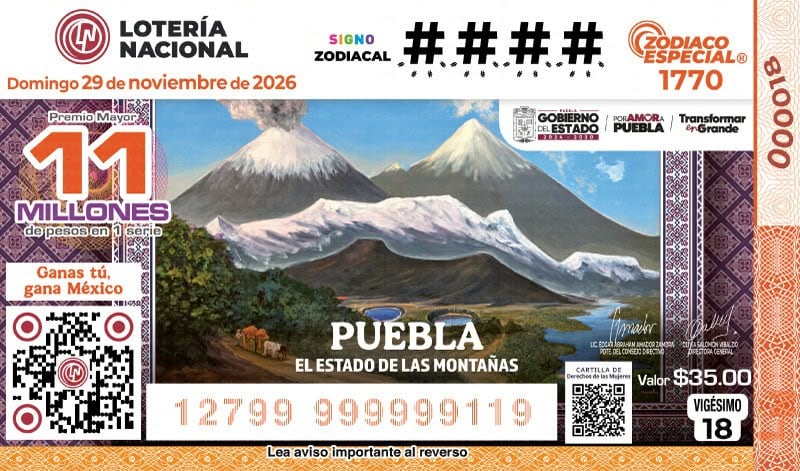 Lotería Nacional presenta billete conmemorativo de Puebla