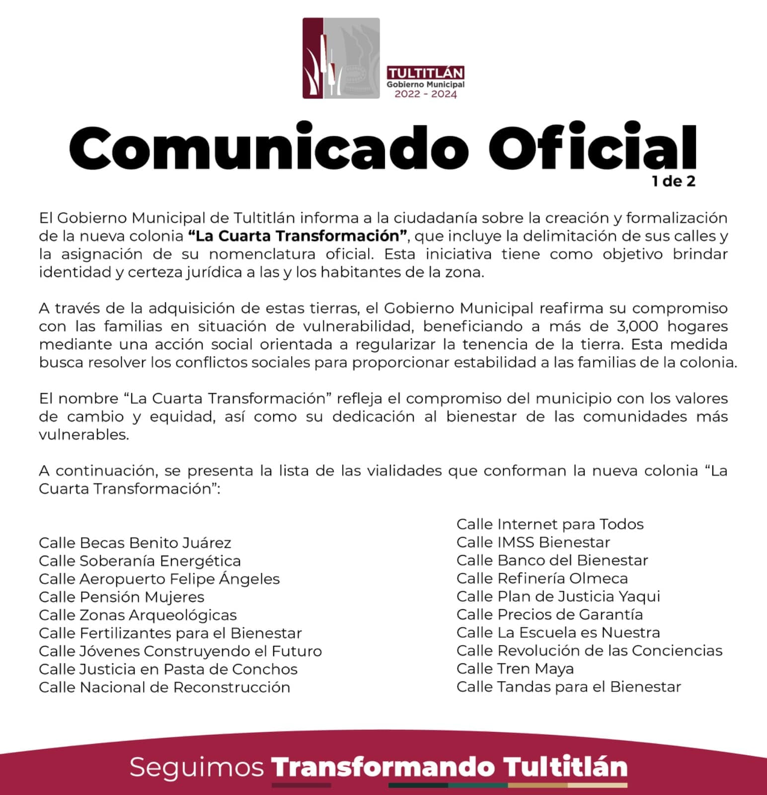 Comunicado del Gobierno de Tultitlán de la Colonia 4T