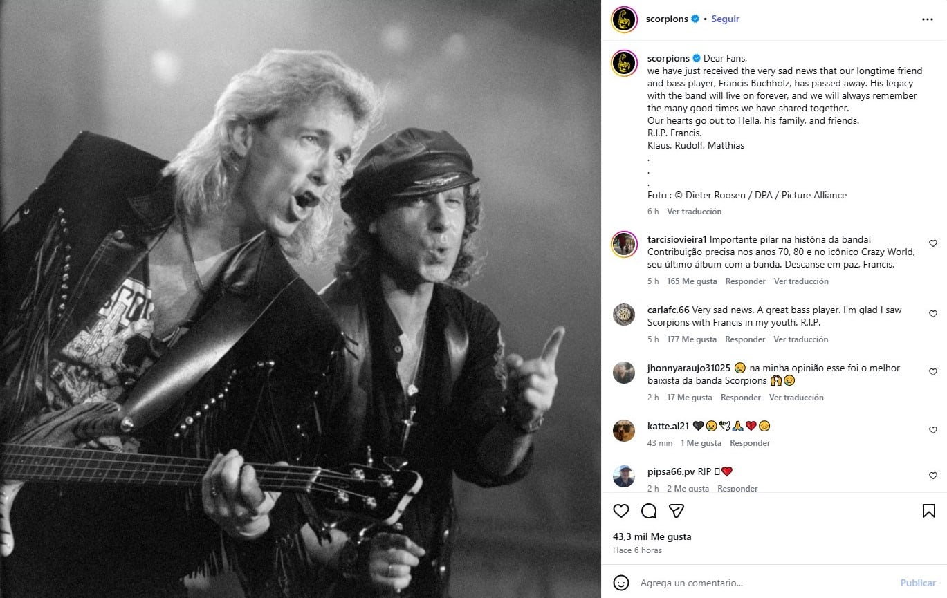 Mensaje Scorpions por la muerte de Francis Buchholz