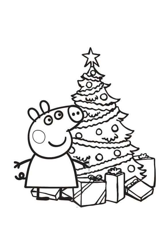 6 dibujos de Peppa Pig poniendo el árbol de Navidad para imprimir y colorear