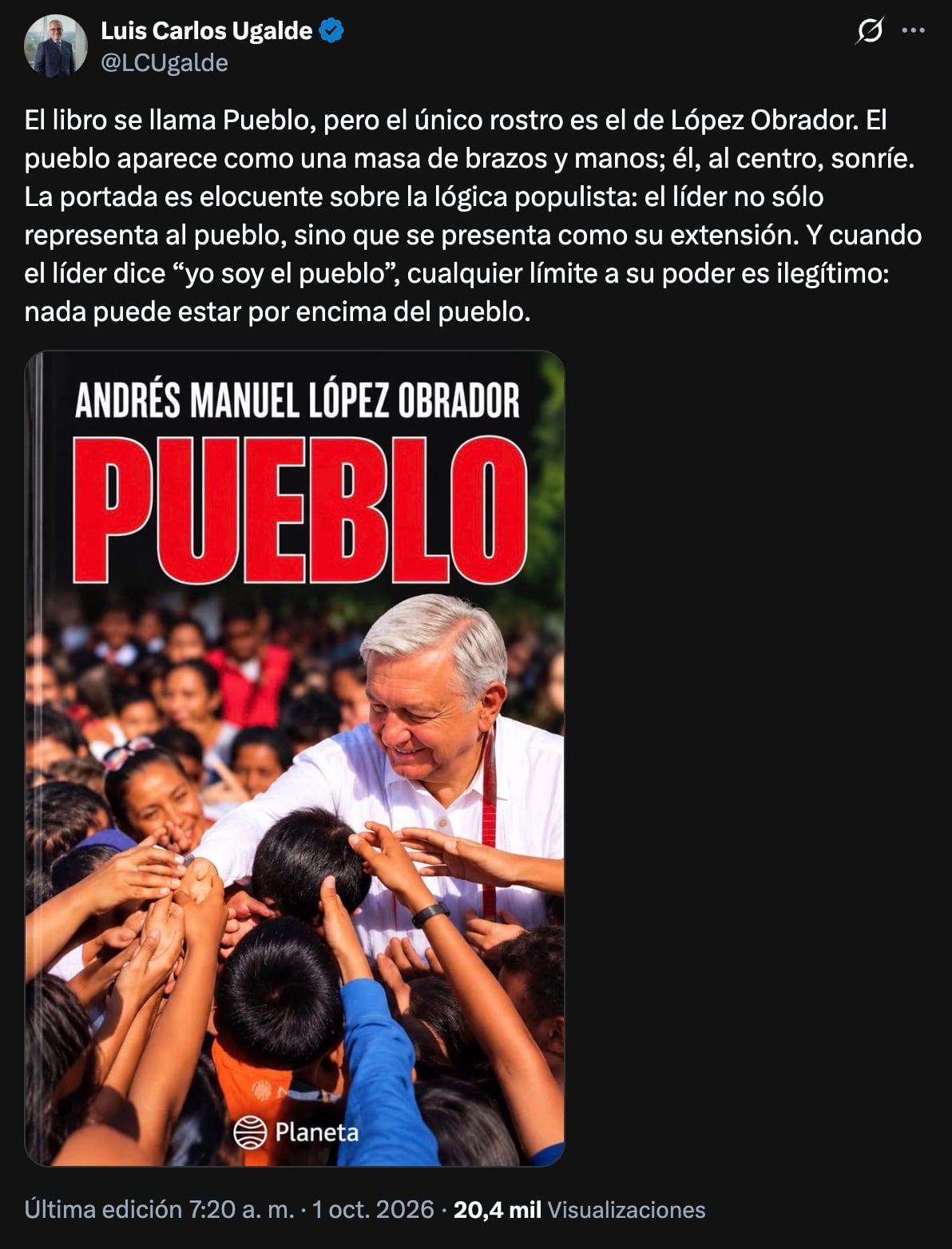 Analista Luis Ugalde critica portada del nuevo libro de AMLO