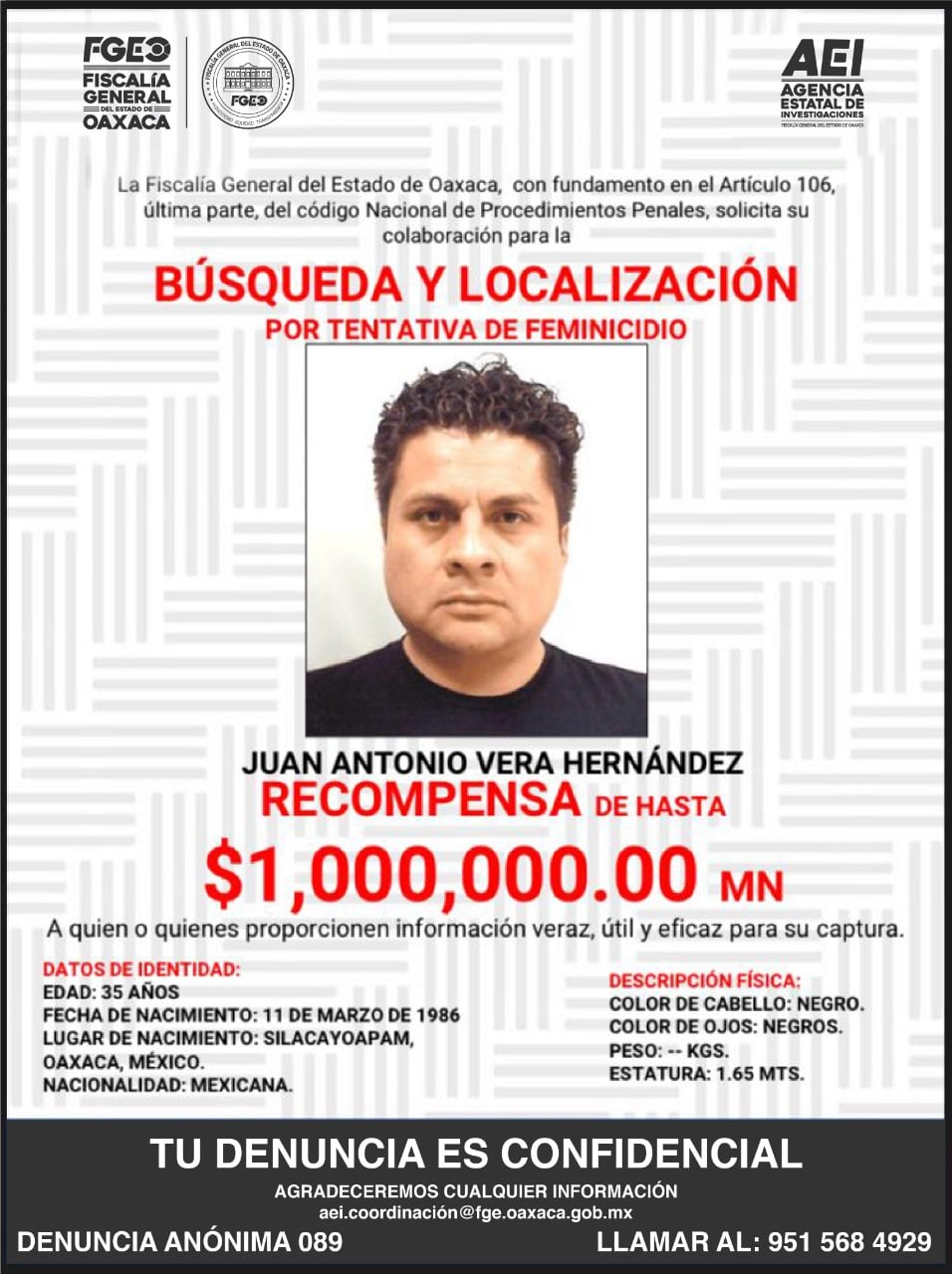 Fiscalía de Oaxaca ofrece un millón de pesos porJuan Antonio Vera Hernández