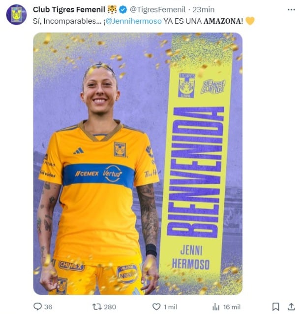 El Club Tigres Femenil anunció el fichaje de Jenni Hermoso para el Clausura 2024.
