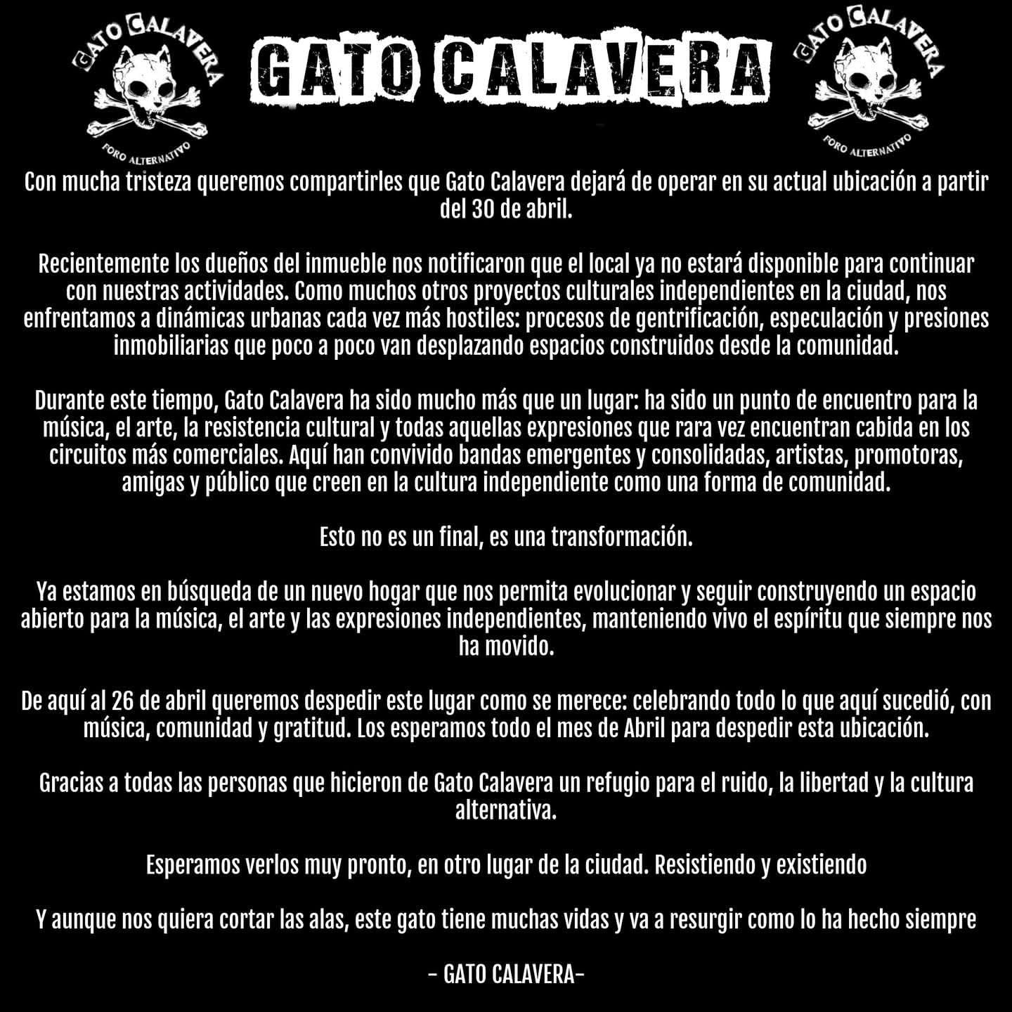 Gato Calavera se va de la Álamos por gentrificación