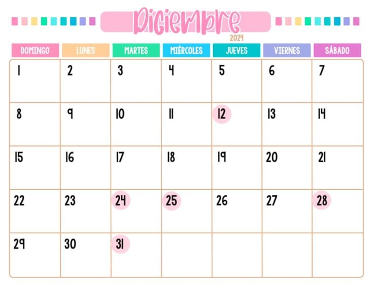 Calendario diciembre 2024 para imprimir