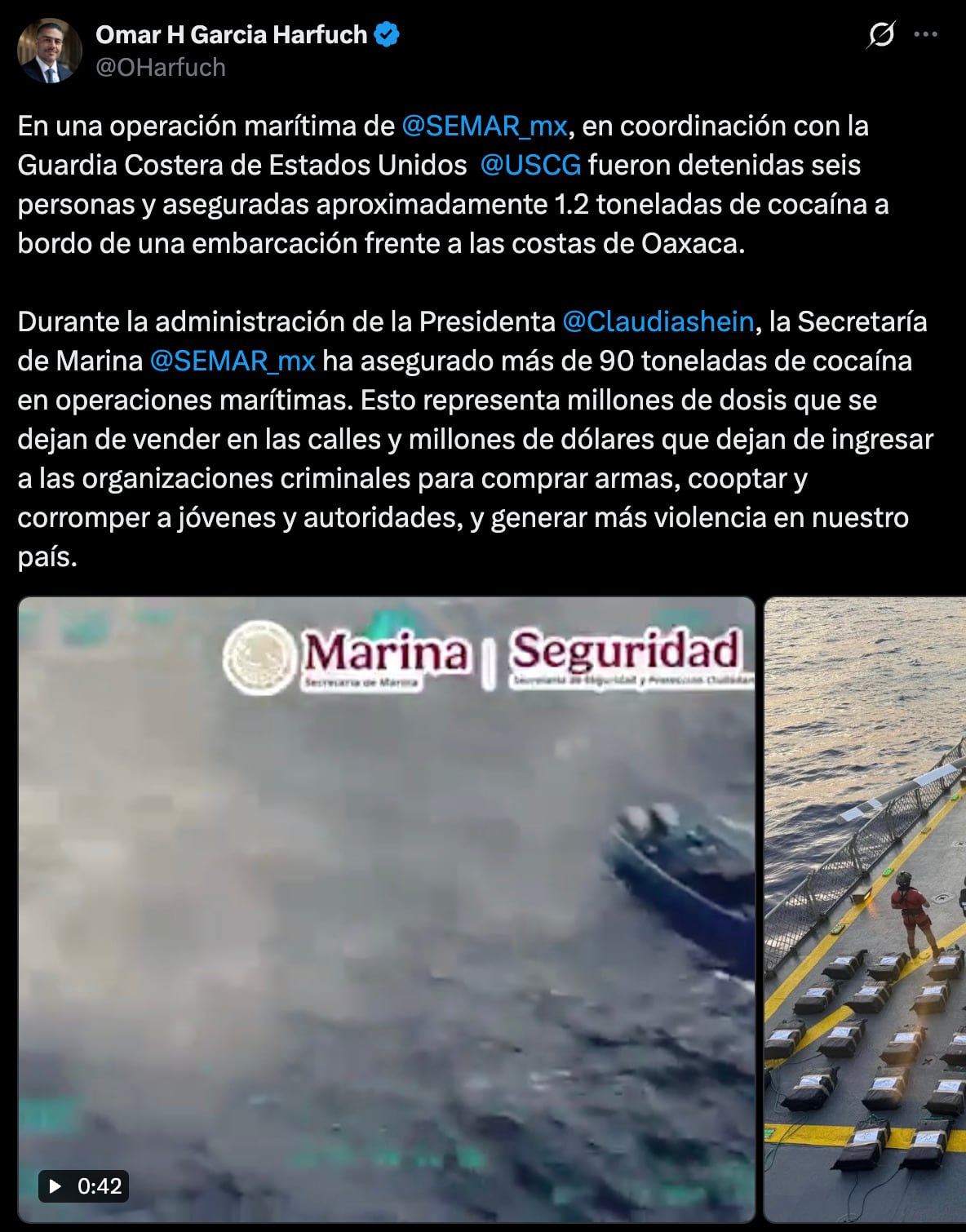 Omar García Harfuch destaca operativo entre la Semar y la Guardia Costera de Estados Unidos para decomisar cocaína