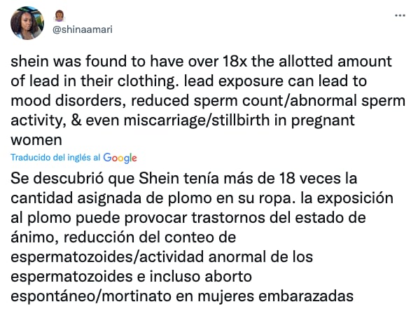 Tuit que advierte sobre ropa de Shein