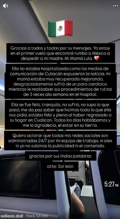 Muere la madre de Sol León