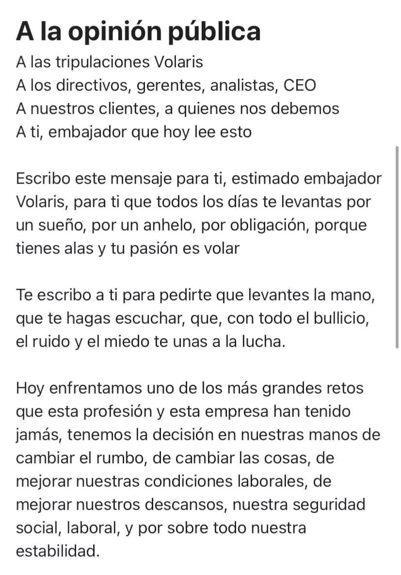 Carta a la opinión publica por parte de trabajadores de Volaris