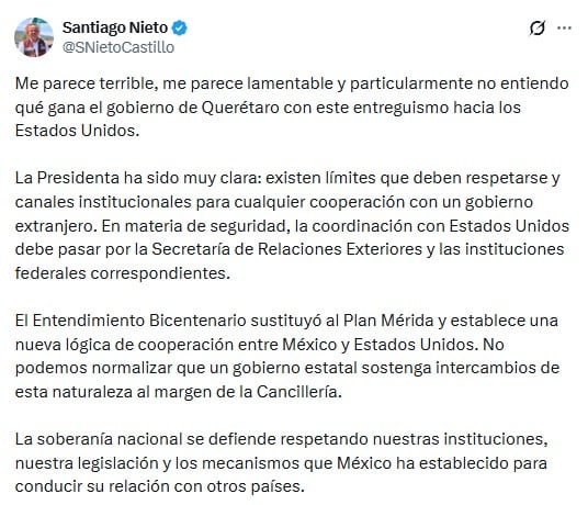 “¿Qué gana Querétaro?”: Santiago Nieto critica el “entreguismo” del gobierno de Kuri a Estados Unidos