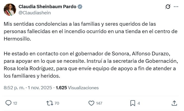 Claudia Sheinbaum ordena apoyo a víctimas de explosión en Hermosillo
