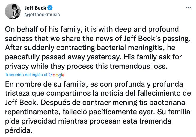 Tuit donde anuncian la muerte de Jeff Beck