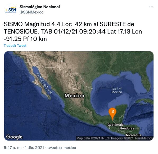 Sismo en Tabasco 4.4 /@SSNMexico