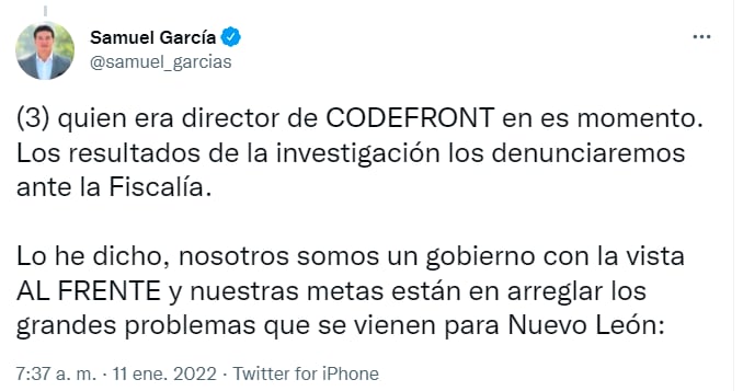Tuit de Samuel García sobre la destitución de Eduardo Garza