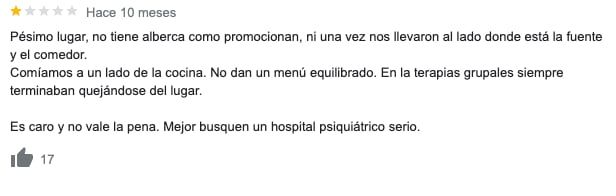 Opiniones en Google sobre la clínica Margarita, en la cual Ricardo O'Farrill fue internado