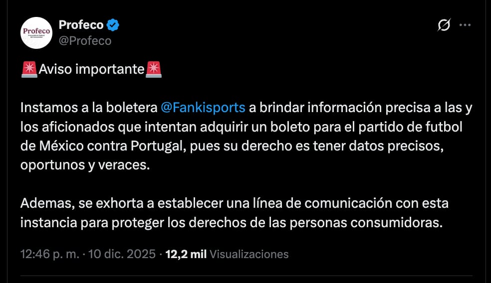 Profeco lanza advertencia a Franki por caos en venta de boletos para México vs Portugal