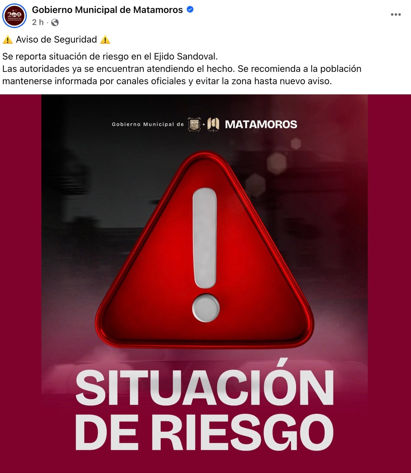 Matamoros alerta "situación de riesgo"