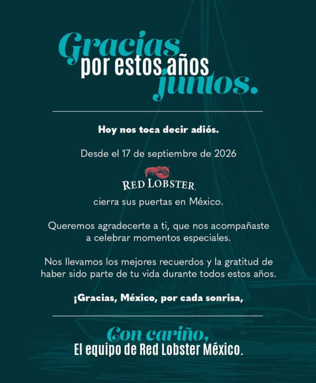 Red Lobster publicó un comunicado en el que confirma su cierre en México