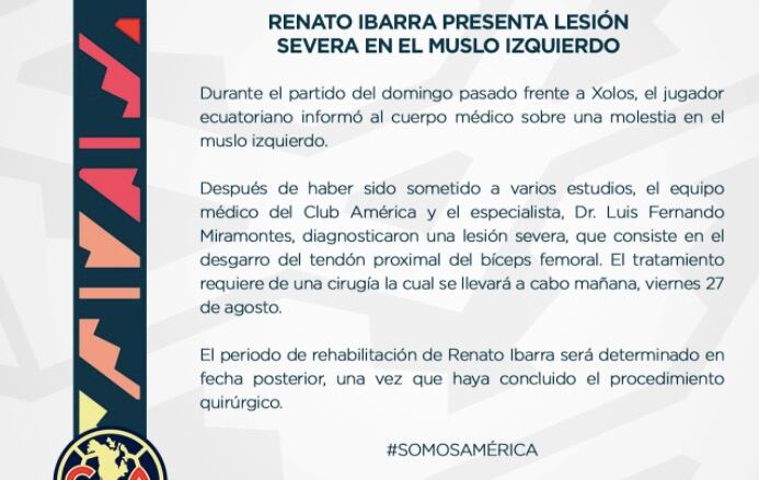 América informó sobre la lesión de Renato Ibarra