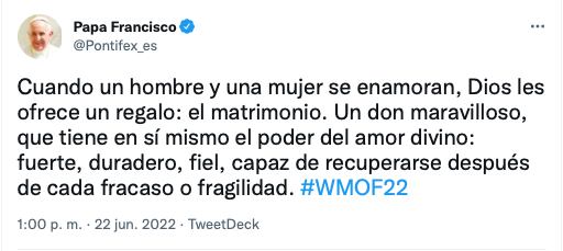 Papa Francisco sobre el matrimonio en el mes del orgullo LGBT+/@Pontifex_es