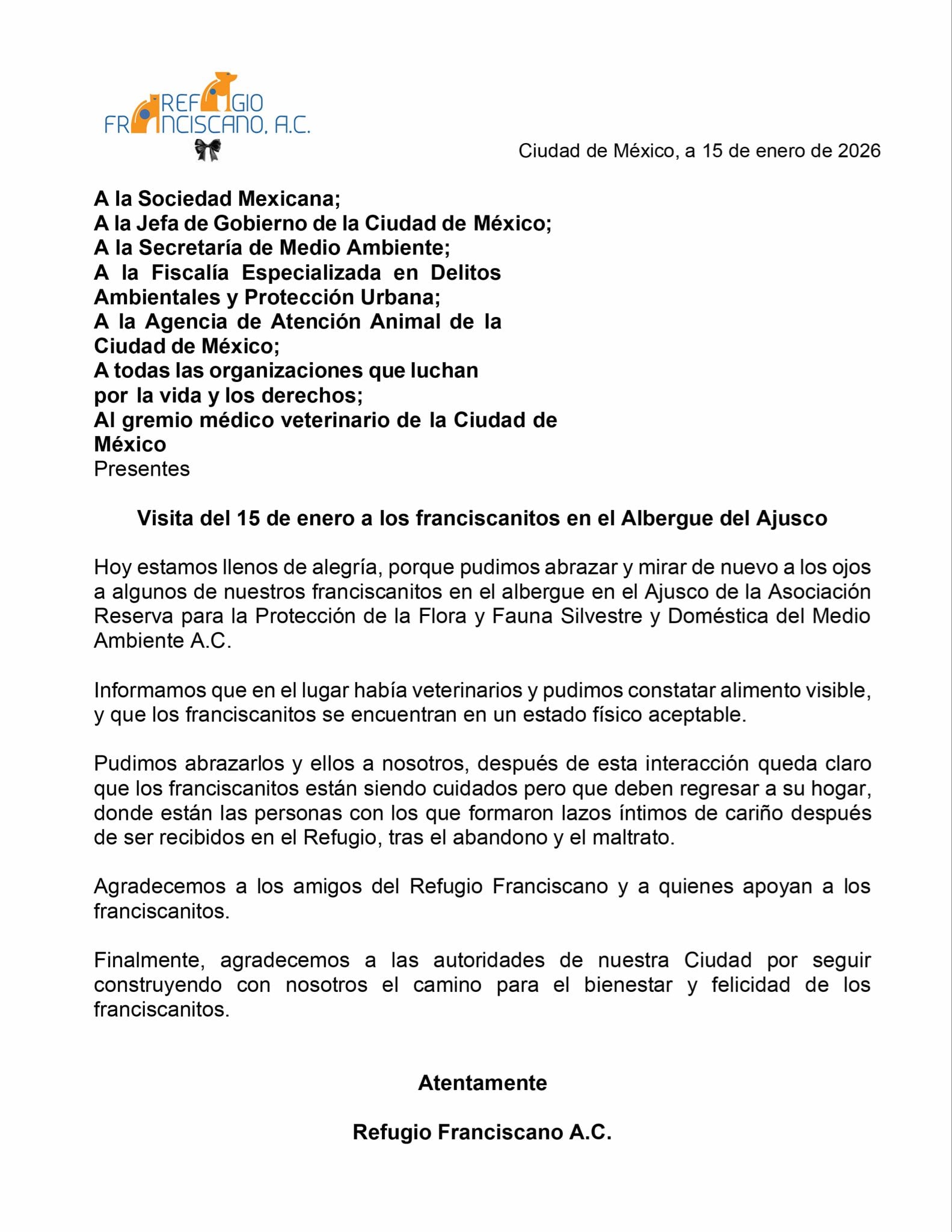 Comunicado del Refugio Franciscano sobre su reencuentro con los animales rescatados.