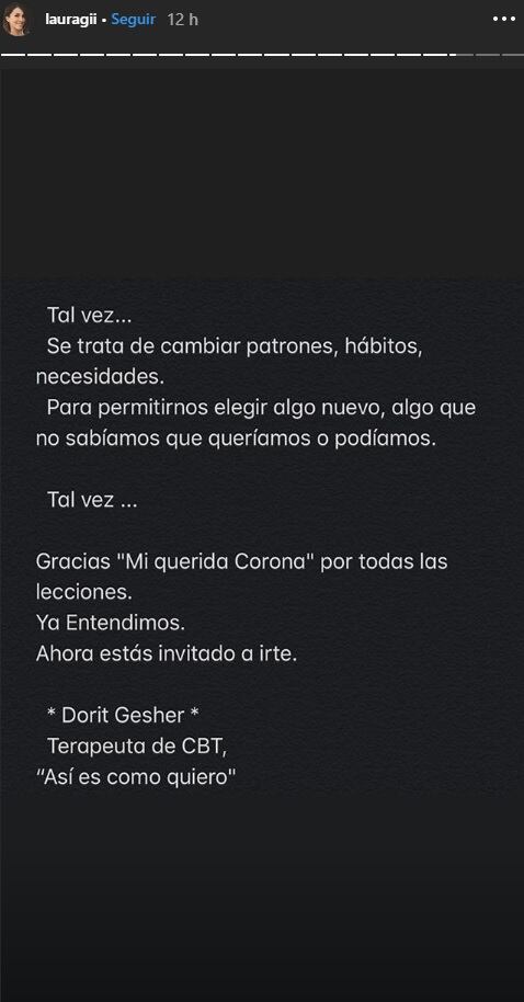 Laura G mensaje coronavirus tiempo de reflexión