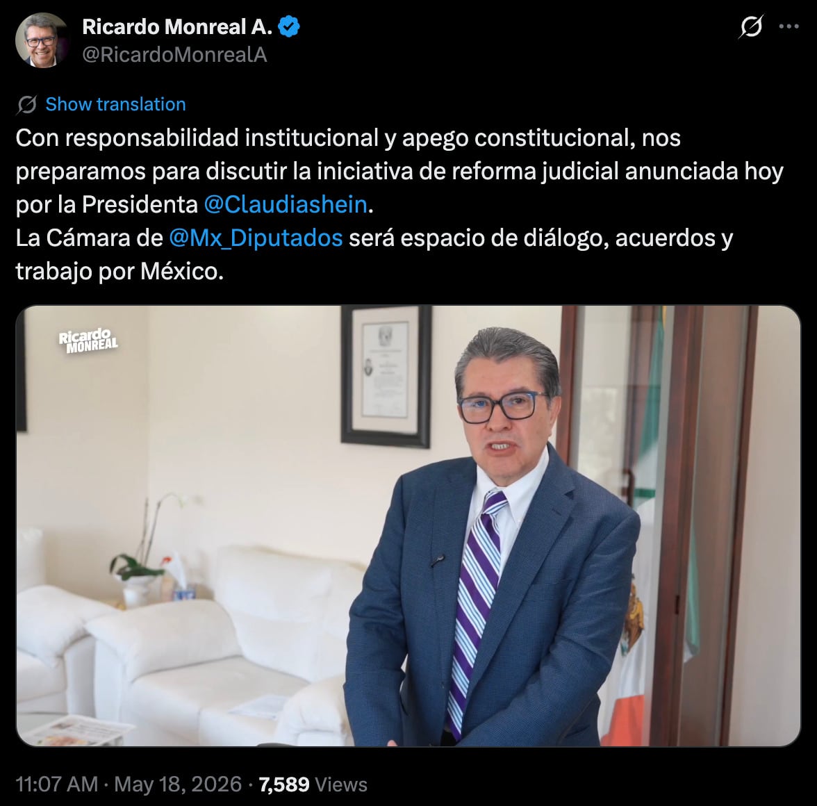 Monreal anuncia definición de periodo extraordinario para discutir reforma judicial